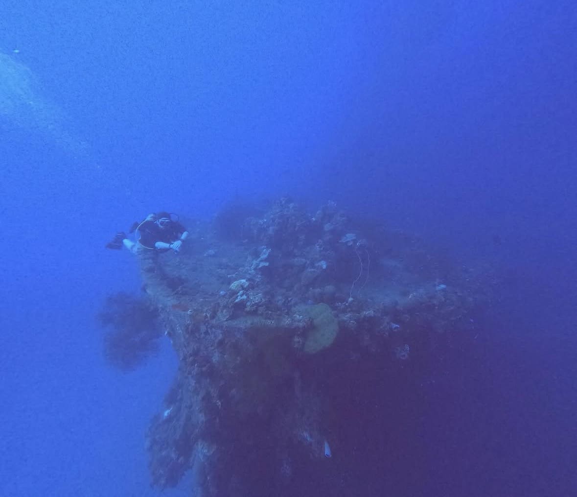 Scuba diver exploring WWII wreck dive site near Mantanani Island Sabah